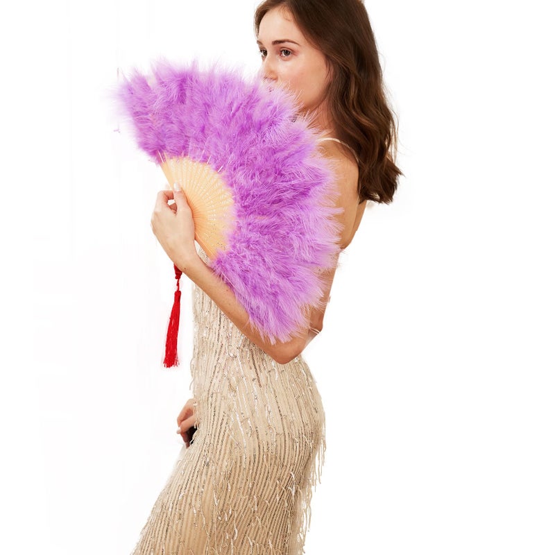 HAPPY FEATHER مروحة يد من ريش المارابو السعيد، طراز فلابر من عشرينيات القرن الماضي لمناسبات الأزياء والرقص - بنفسجي فاتح - Image 1